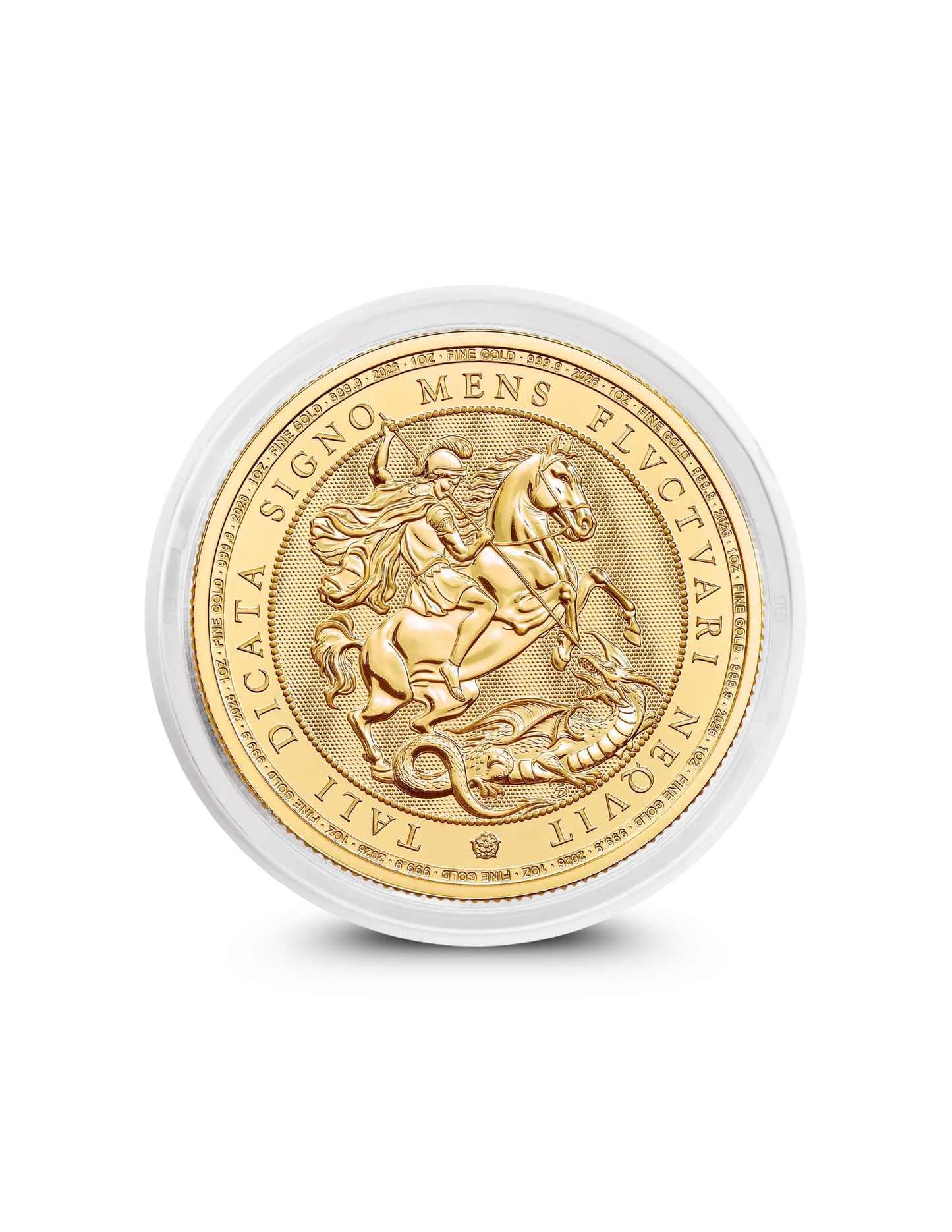 2026 St George and the Dragon 1oz gold coin from The Royal Mint, St George slaying the dragon design in capsule