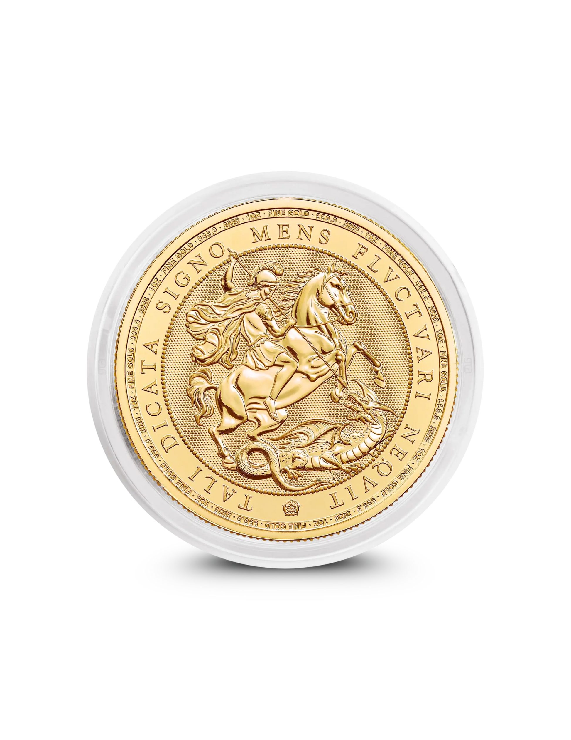 2026 St George and the Dragon 1oz gold coin from The Royal Mint, St George slaying the dragon design in capsule