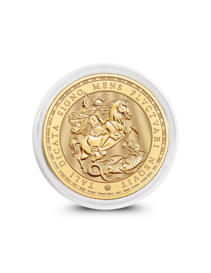 2026 St George and the Dragon 1oz gold coin from The Royal Mint, St George slaying the dragon design in capsule