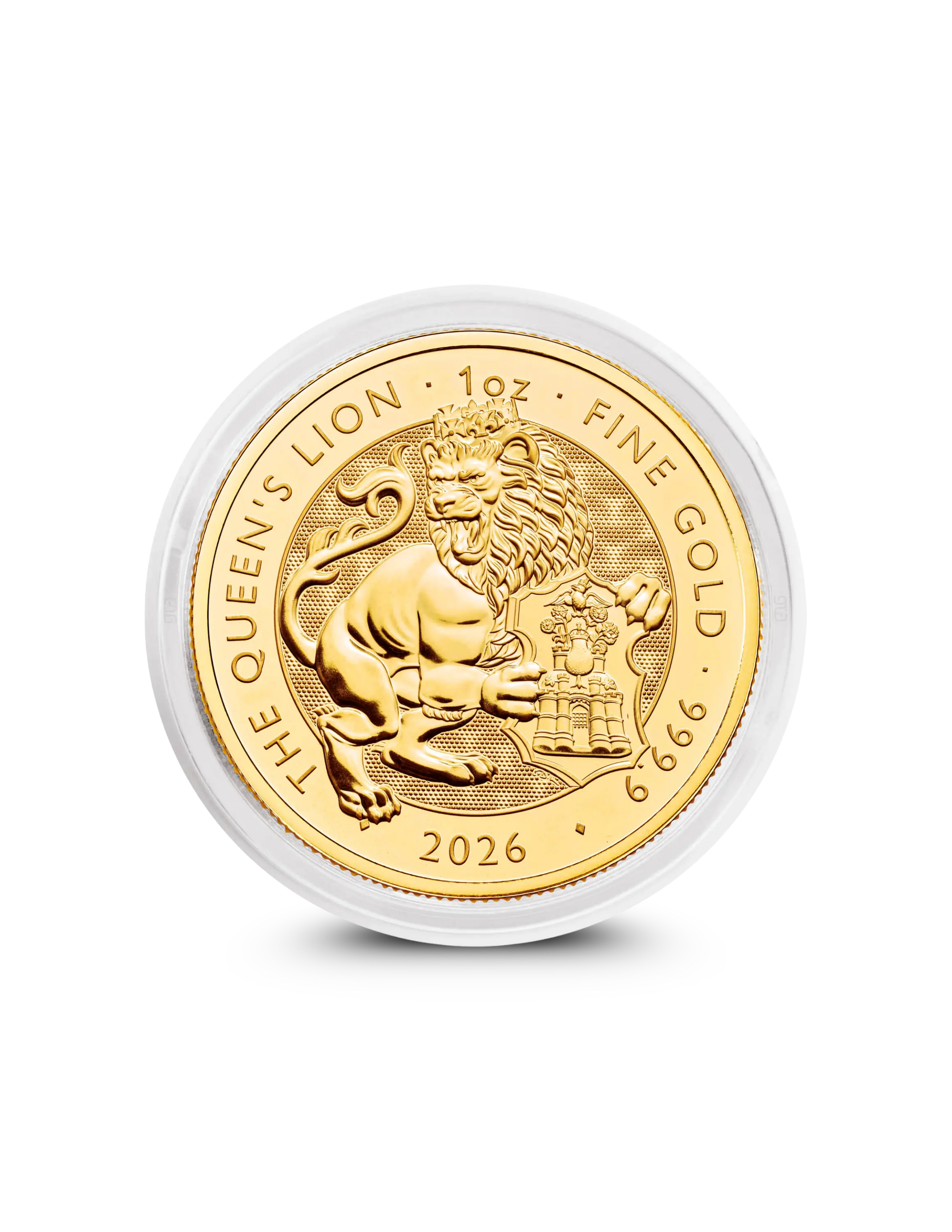 2026 Tudor Beasts Queen's Lion 1oz gold coin from The Royal Mint, Queen's Lion design in capsule