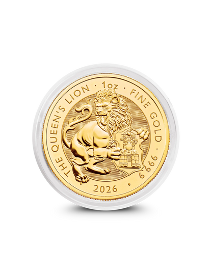 2026 Tudor Beasts Queen's Lion 1oz gold coin from The Royal Mint, Queen's Lion design in capsule
