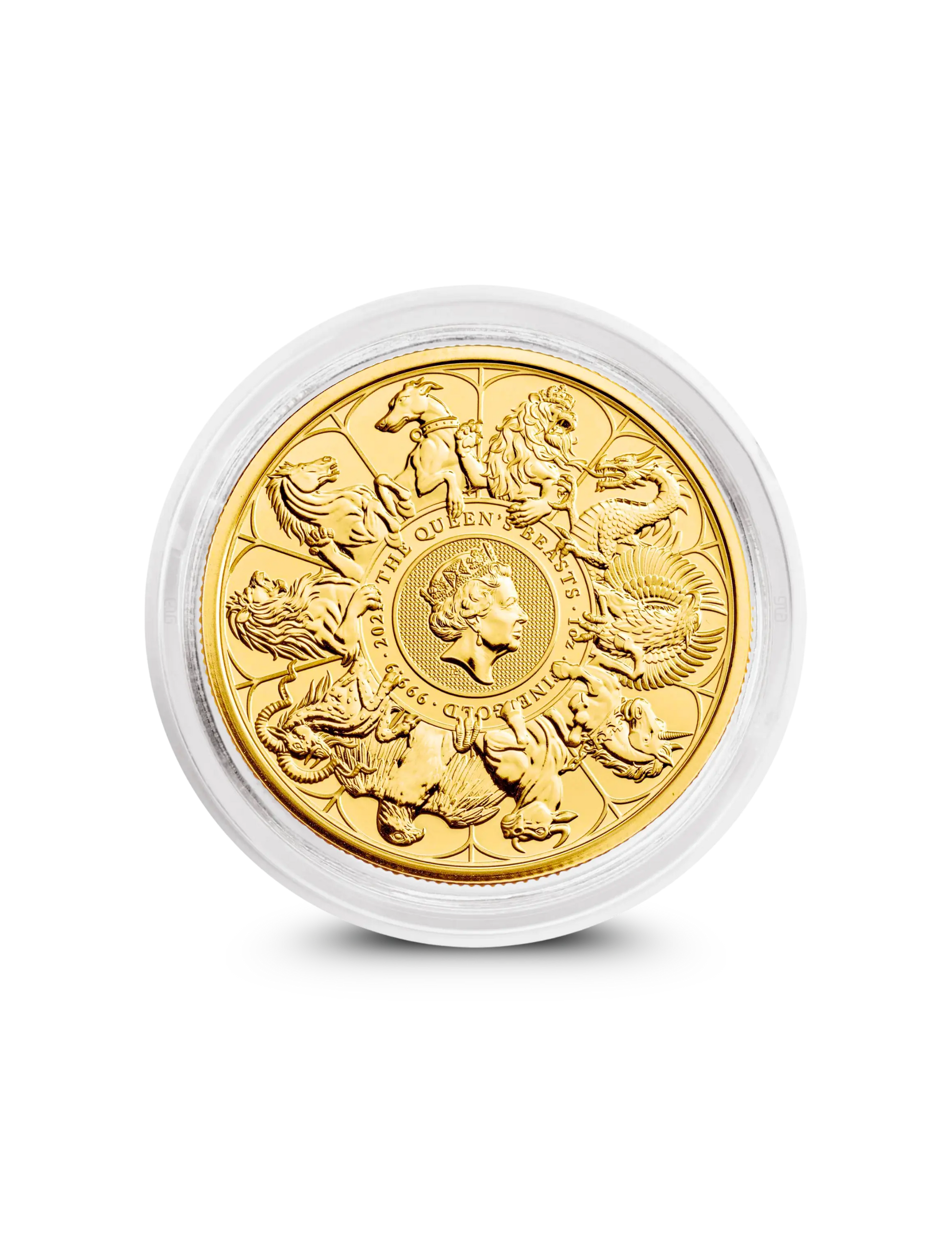 2021 Queen's Beasts Completer 1oz gold coin from The Royal Mint with ten heraldic beasts design
