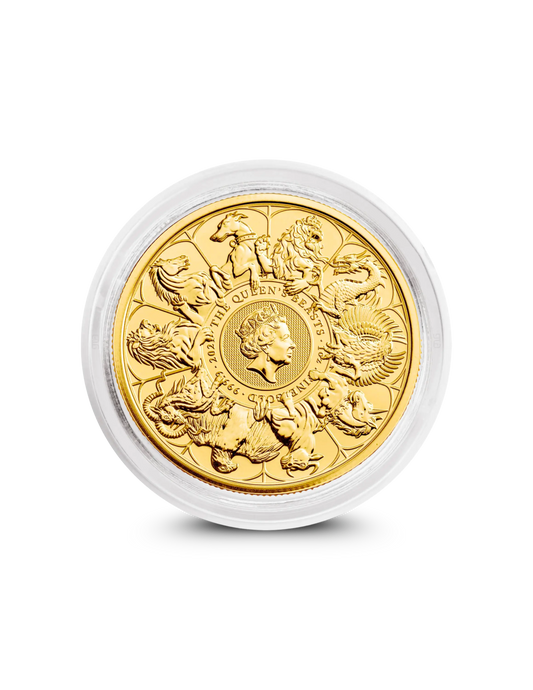 2021 Queen's Beasts Completer 1oz gold coin from The Royal Mint with ten heraldic beasts design